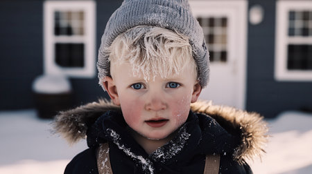 A cheerful child with a snowy face gazes at the camera dressed warmly in winter clothes standing in a snowy environment near a cabin under blue skies.の素材