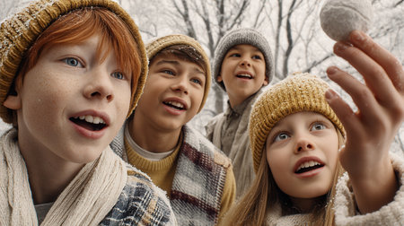 A snowball bursts in the air while four children marvel at the scene showing their delight in the snowy outdoors during wintertime fun.の素材