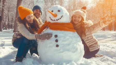 Families gather in a snowy park to build a cheerful snowman together sharing smiles and laughter under the bright winter sun.の素材