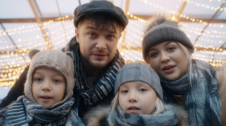 Family stands close together in cozy winter attire enjoying a festive evening beneath colorful lights. Their smiles show happiness and togetherness in the cold.の素材