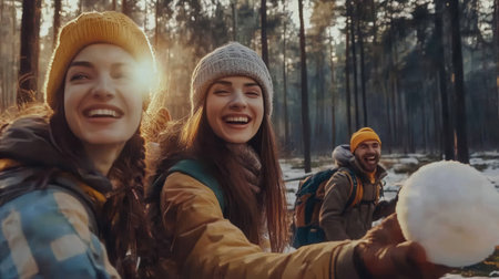 Friends joyfully toss snowballs at each other in a snowy forest laughing and enjoying the winter day under the soft morning light filtering through trees.の素材