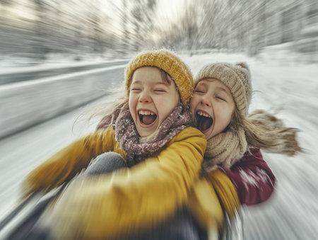 Two children are pulled quickly on a sled through a snowy setting laughing joyfully while enjoying a fun winter day with friends.の素材
