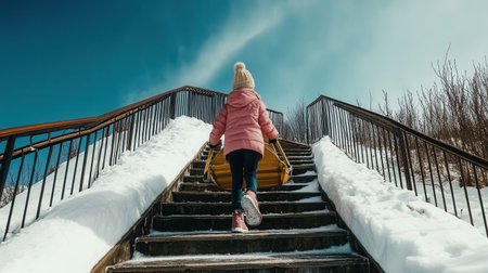 A young child walks up steps covered in snow with a sled enjoying the winter weather and excitement of snow activities while surrounded by a bright blue sky.の素材