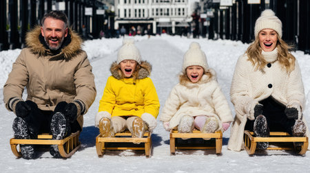 Two children wearing colorful coats are gleefully being pulled on sleds by their parents along a snowy path lined with charming buildings during winter.の素材