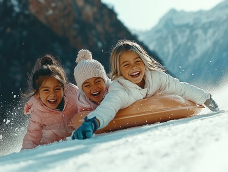 Three children gleefully slide down a small snowy hill smiling and laughing as they enjoy the winter weather in a mountainous landscape.の素材