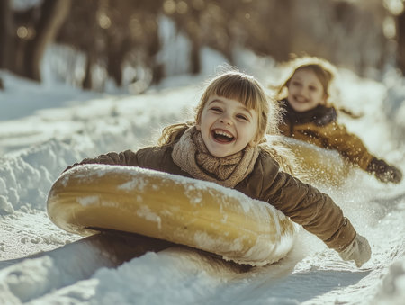 Happy children slide down snow-covered hills in a train formation laughing joyfully as they enjoy a thrilling winter day in the snow.の素材