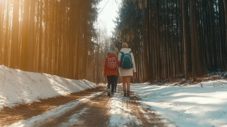 A family walks along a snowy path in the mountains surrounded by tall trees and soft sunlight filtering through the branches.の素材