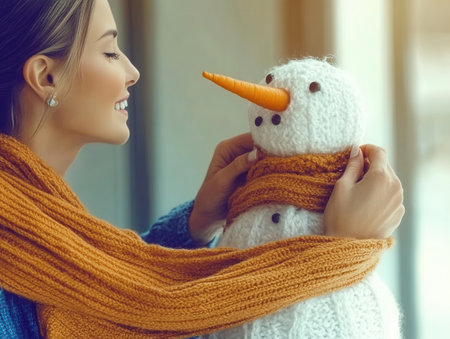 A close-up view of hands gently inserting a bright orange carrot into a snowman's face. The scene captures the joy of winter activities indoors.の素材