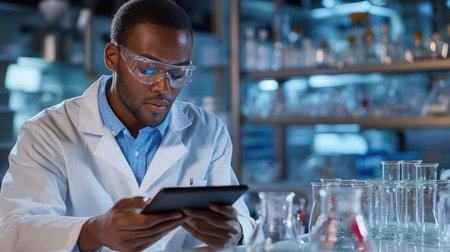 A scientist in a lab coat and safety goggles reviews important data on a digital tablet while surrounded by various glass containers and lab equipment at night.の素材