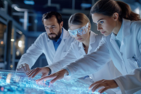 Three scientists engage with a futuristic interface at a research center focusing on complex data visualization while wearing high-tech gear in a dimly lit environment.の素材