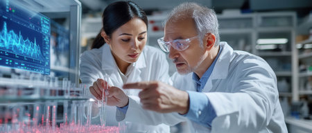 Two scientists are examining data displayed on a transparent screen actively discussing their findings and conducting experiments in a laboratory setting.の素材