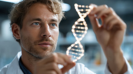 A researcher closely examines a floating holographic DNA double helix in the laboratory demonstrating the latest advancements in genetic research and technology.の素材