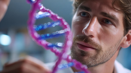 A scientist closely examines a holographic DNA double helix showcasing advanced technology and research in genetics illuminated by soft lab lights.の素材