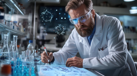 Scientist in protective goggles is focused on writing chemical formulas with a marker on a clear surface during a lab session in the afternoon hours.の素材