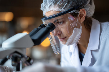 Focused scientist in lab coat and face shield analyzes samples with a microscope in a well-lit laboratory during a research session.の素材