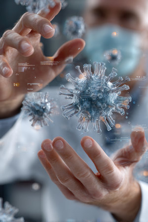 Hands of a scientist interact with a digital representation of a virus highlighting ongoing research in virology and disease management in a clinical environment.の素材