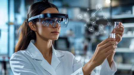 A researcher observes floating molecular models through AR glasses while holding test tubes in a high-tech laboratory during daylight hours.の素材