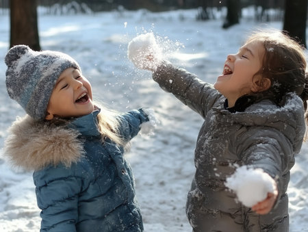 Two siblings are having a fun snowball fight in a snowy park. They laugh and throw snow while covered in winter jackets creating a lively scene of winter joy.の素材