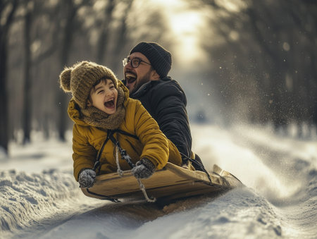 A joyful father pulls his laughing child on a wooden sled through a snowy path surrounded by trees bathed in warm sunlight on a winter dayの素材