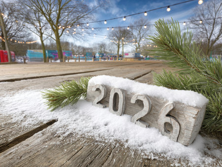 A rustic wooden surface is covered in snow featuring the year 2026 carved into the wood. Pine branches adorn the scene complementing the winter ambiance.の素材