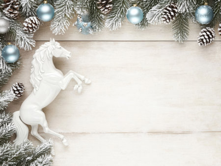 Festive scene shows frosted pine branches adorned with silver ornaments and blue decorations featuring a white horse in a playful pose light wooden background.の素材