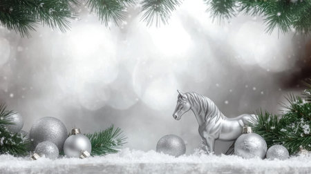 Festive scene showcases a decorative frame of silver and white ornaments with a horse sculpture surrounded by sparkling decorations perfect for holiday joy.の素材