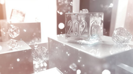 Frosted blocks display the year 2026 surrounded by sparkling ice cubes all set against a minimal white background creating a festive winter vibe.の素材