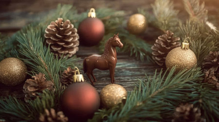 beautiful arrangement featuring pine branches red and gold baubles and pine cones surrounds a small toy horse capturing a festive holiday feel perfect for celebrations.の素材