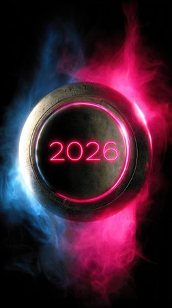 A striking scene captures the excitement of New Year 2026 with a dark background illuminated by neon purple and contrasting colors creating a festive atmosphere.の素材
