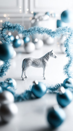 A creative Christmas frame is set with white and light blue decorations featuring a stylish horse figurine and colorful holiday ornaments adding festive charm.の素材