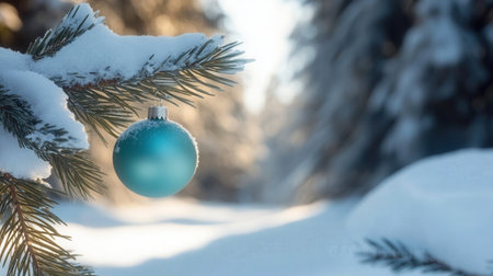A snowy pine branch holds a pale blue ornament glistening in the winter light among a serene landscape of snow-covered trees.の素材