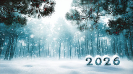 serene snow-covered pine forest fills the scene with blurred trees in the background and gently falling snowflakes marking the arrival of New Year 2026.の素材