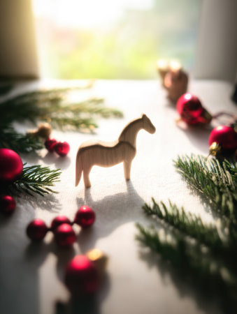 A wooden horse figure stands out among green pine branches and red holiday ornaments creating a warm atmosphere in a sunlit indoor space.の素材