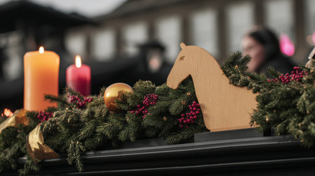 Christmas decorations adorn the venue with vibrant candles and pine elements while a wooden horse silhouette adds a whimsical touch to the festive atmosphere.の素材