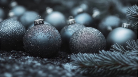 Beautifully designed pale blue and silver ornaments rest among pine enhancing the tranquil and festive ambiance of a winter celebration with style and grace.の素材