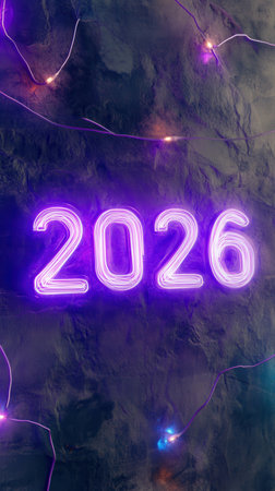 Neon purple lighting highlights the year 2026 against a dark backdrop creating a vibrant atmosphere for New Year celebrations filled with excitement and hope.の素材