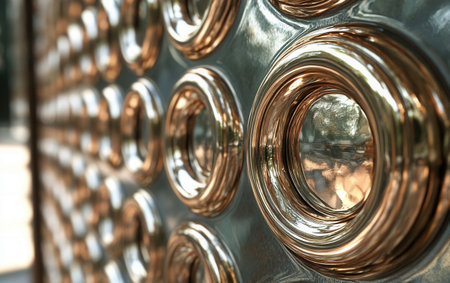 Close-up view reveals a series of circular designs that create an eye-catching abstract pattern with reflections enhancing the shiny surface under natural light.の素材