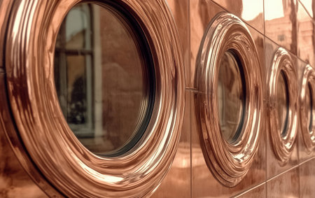 Circular patterns create a unique abstract design reflecting light and showcasing textures in a vibrant urban environment under bright daylight.の素材