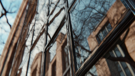 Glass windows reflect the intricate branches of trees and urban buildings creating a captivating interplay of nature and city during the golden hour.の素材