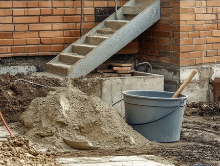 concrete mixture bucket sits near tools and a pile of sand on a construction site with a staircase and brick wall visible in the backgroundの素材