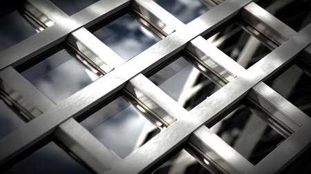 A complex pattern of intersecting metallic grids reflects the sky above showcasing the architectural details of surrounding structures during the evening light.の素材