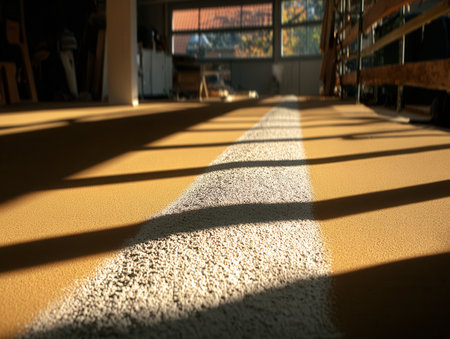 An industrial laser level casts clear straight lines onto the workshop floor highlighting the surface texture as sunlight streams through windows in the background.の素材