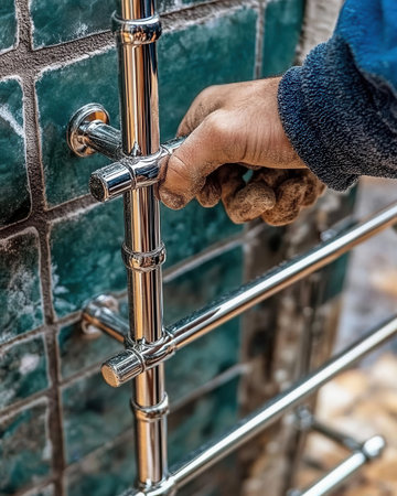 A plumber is focused on installing a heated towel rail in a stylish bathroom. The green tiled wall provides a clean backdrop while tools are nearby.の素材
