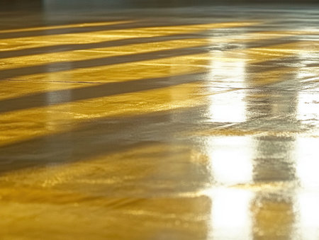 A wide area of freshly poured screed shows a smooth gradient of colors reflecting light patterns from nearby windows in a construction setting.の素材