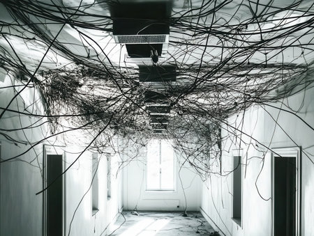 A ceiling cutout reveals numerous cables suspended and tangled in an empty room with light streaming in from the window indicating ongoing preparations.の素材