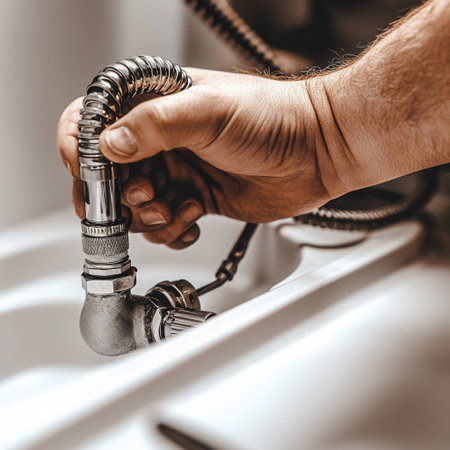 Plumber carefully attaches a faucet to a kitchen sink with a shiny metal hose in a home renovation project focusing on detailed plumbing work.の素材
