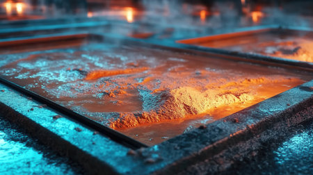 A robotic printer nozzle skillfully applies a material onto a heated surface creating detailed patterns in a modern industrial setting with vibrant colors and textures.の素材