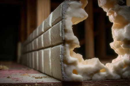 Adhesive foam expands and fills gaps in a construction area showing its texture and the effectiveness of the application method used during the building process.の素材