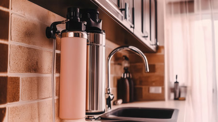 A person works on installing a water filter system under the kitchen sink ensuring clean water access in a stylish and functional kitchen setup.の素材