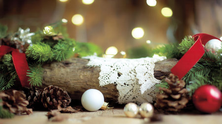 Pine branches adorned with red ribbons and pine cones create a festive display on a wooden surface enhancing the warm ambiance of holiday gatherings.の素材